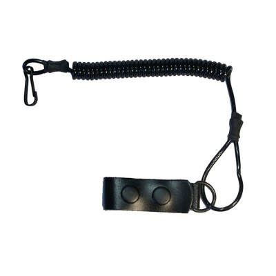 Шнурок страховочный (тросик, ремешок, тренчик, непотеряшка) для мелких предметов спиральный (пружинный, витой) с карабином и кожаной шлейкой - черный